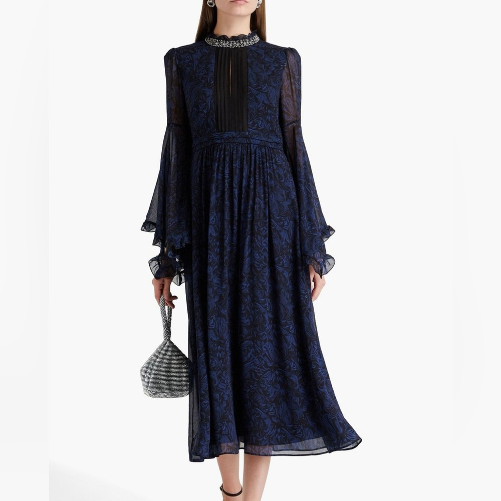 Saloni Hope Beaded-collar Floral-print Silk Dress In Blue
